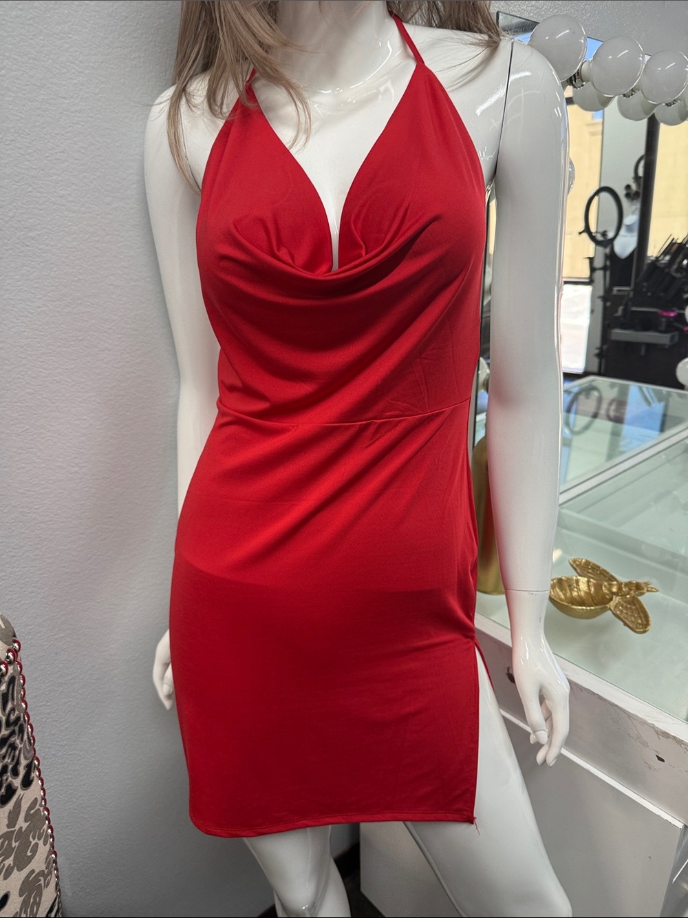 Fashion Nova Red Halter Cowl Mini Dress with Side Slit